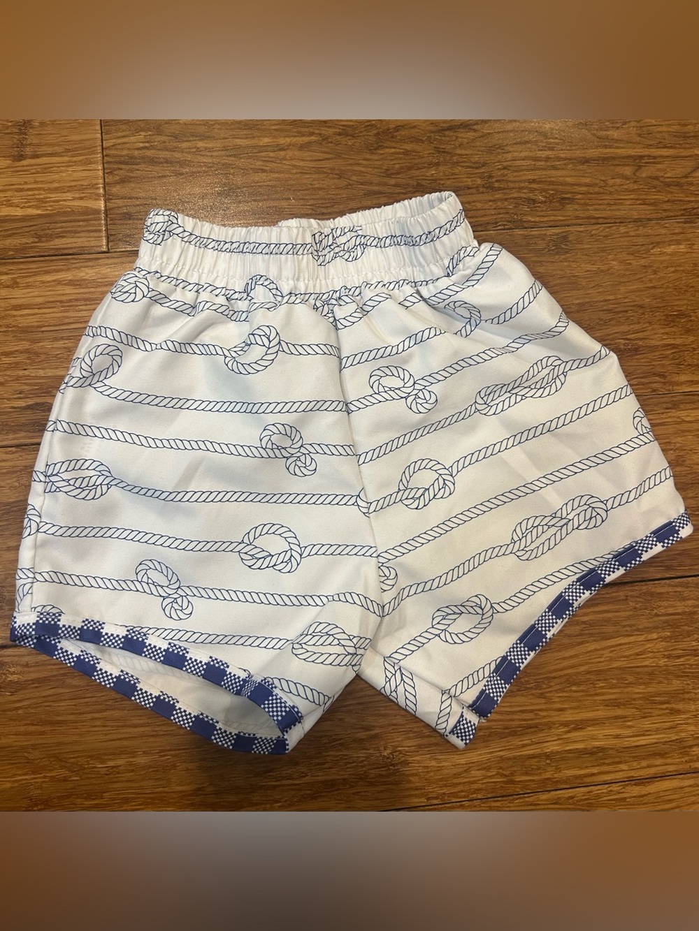 Toddler Sugar Bee White Swim Shorts with Navy Rope Print
